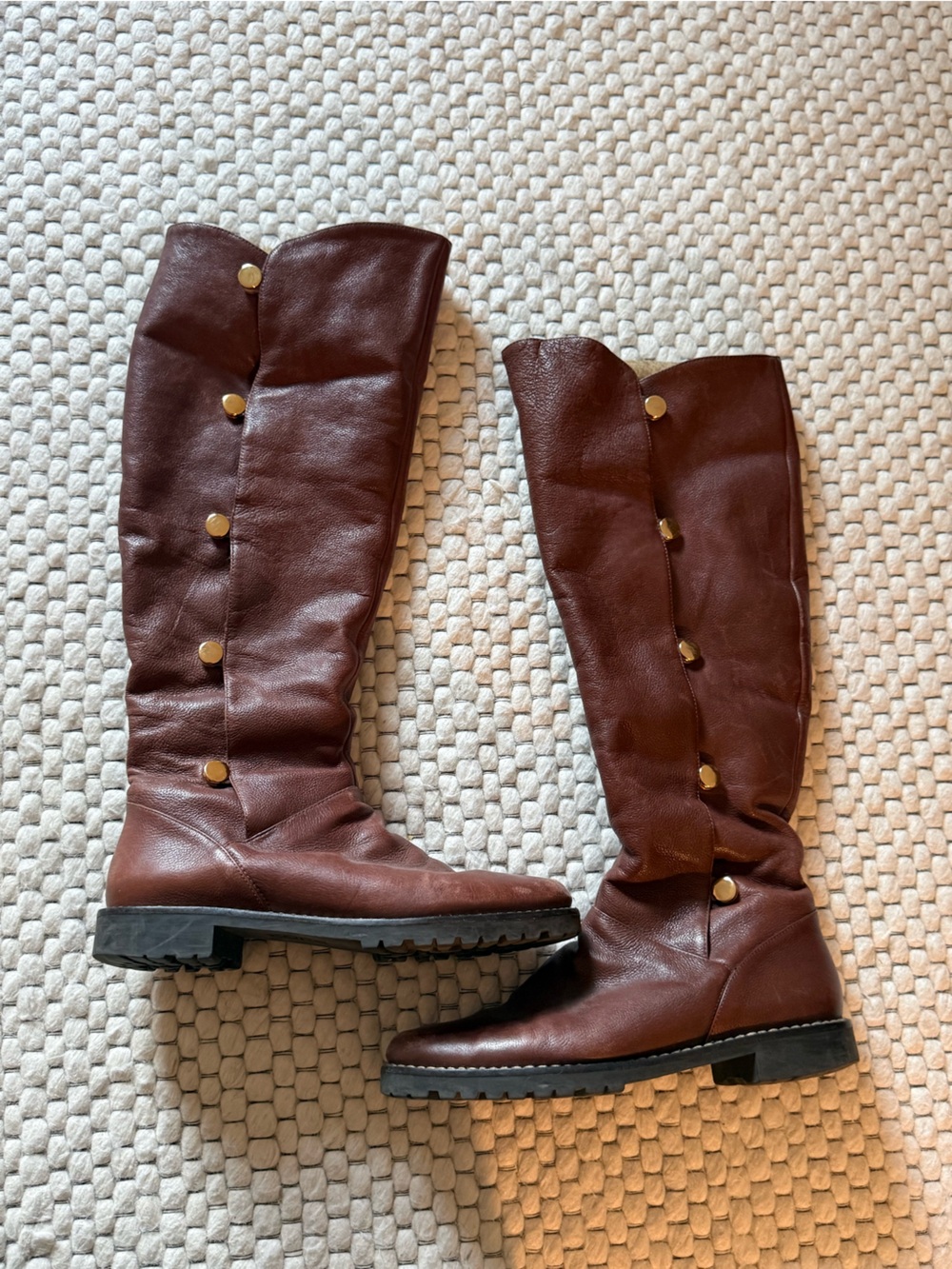 Michael Kors-Brown Leather Button-Trim Knee Boots
